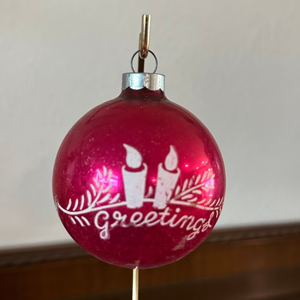 Vintage 3'' Shiny Brite Pink Glass Christmas‎ Ornament Greetings Candle Stencil - Picture 2 of 4